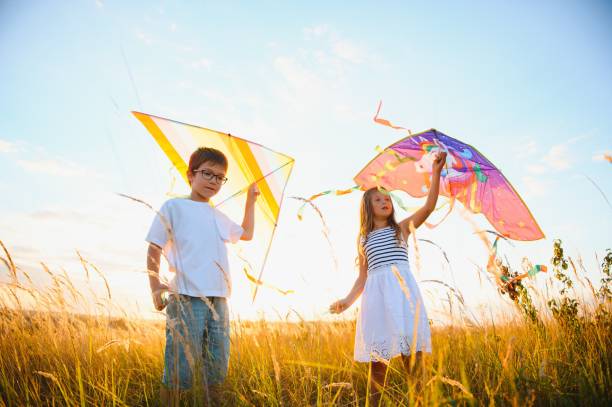 istock Children launch a kite in the field at sunset 1452341479