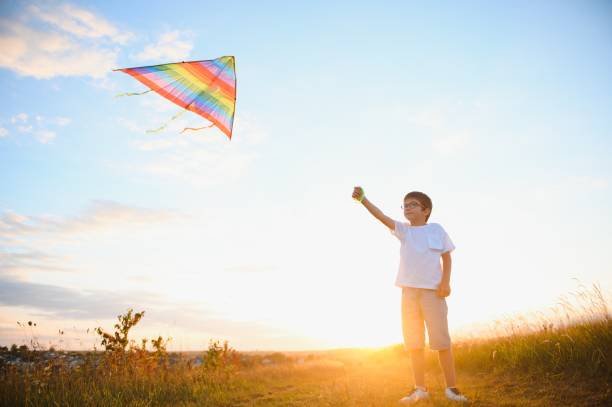 istock Boy is running with a kite during the day in the field 1452341506
