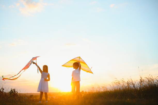 istock Children launch a kite in the field at sunset 1452341534