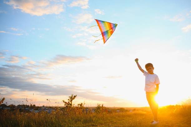 istock Boy is running with a kite during the day in the field 1452341559