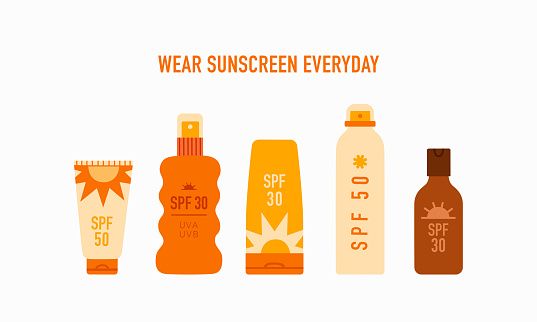 Wear sunscreen. Sun block cosmetics. Skin care. Vector illustration