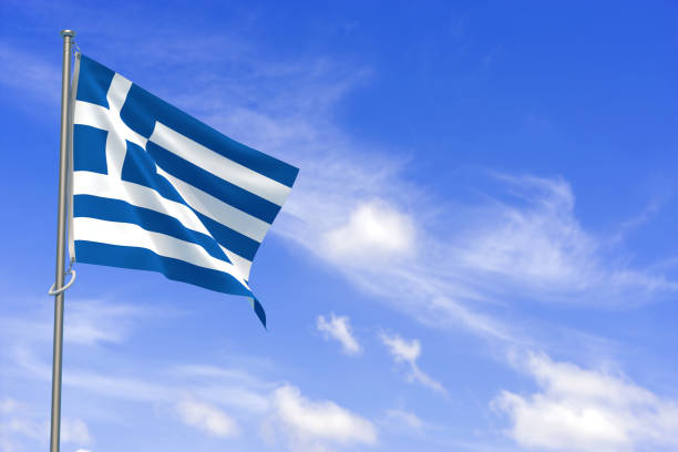 istock Hellenic Republic Flags Over Blue Sky Background. 3D Illustration 1452342568
