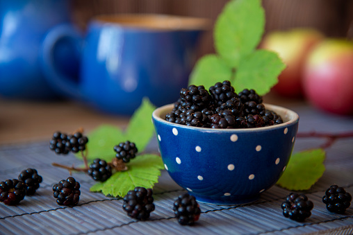 Ripe blackberries levitate on a white background.