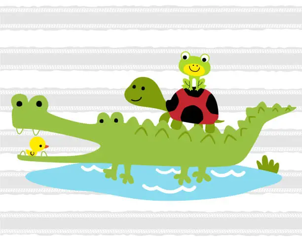 Vector illustration of Funny crocodile cartoon with turtle, frog and little duck