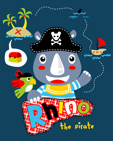 Vector illustration of rhino cartoon in pirate costume with sailing pirate elements