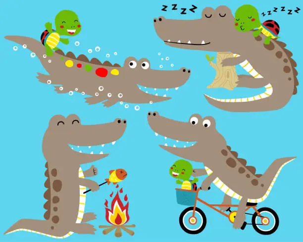 Vector illustration of Vector set of crocodile and turtle cartoon in different activity