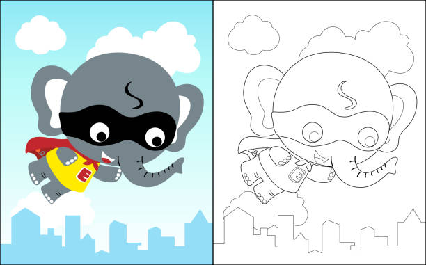 vektorillustration eines malbuchs mit kleinem elefanten-cartoon im superheldenkostüm fliegt über gebäuden - superhero comic book cityscape flying stock-grafiken, -clipart, -cartoons und -symbole
