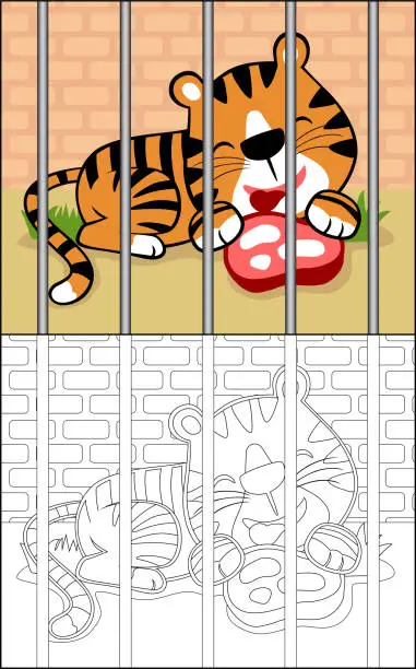 Vector illustration of Coloring book or page of tiger cartoon with meat inside the cage