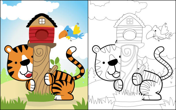 malbuch oder seite von lustigen tieren cartoon, tiger spielt mit vogel im wald, vögel käfig auf baumstumpf - bush bird tree wood stock-grafiken, -clipart, -cartoons und -symbole