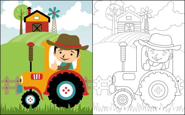 Vector illustration of Coloring book or page with young farmer cartoon riding tractor on farming background