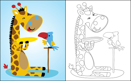 Coloring book or page of cute animals, giraffe sitting while holding corn with a little bird
