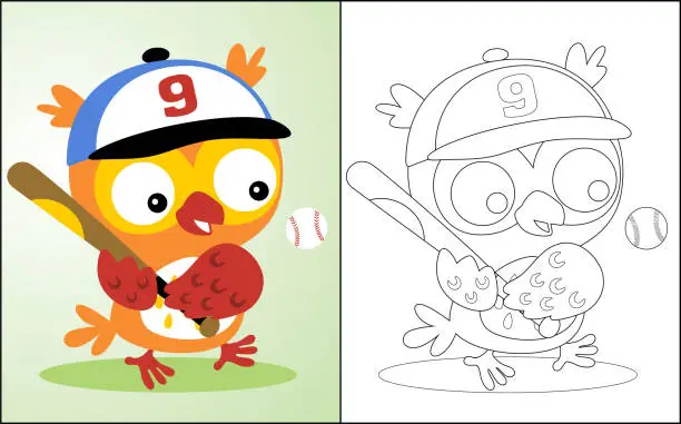 Vector illustration of Coloring book or page with funny owl cartoon playing baseball