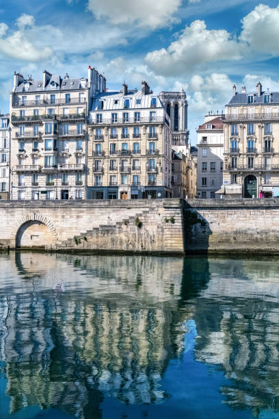 Paris, ile saint-louis and quai aux Fleurs, ancient buildings, with reflection on the Seine in summer, the Notre-Dame cathedral in background