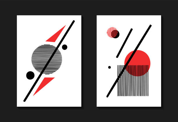Two Poster template with geometric composition. Two Poster template with geometric composition in red and black colors. Vector illustration constructivism style. Design for interior decor, flyers or cover. constructivism stock illustrations