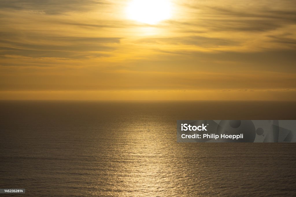 Epic sunset on a tropical island in the Atlantic Ocean on a super evening. Wonderful landscape in Portugal, Madeira. Aerial View Stock Photo