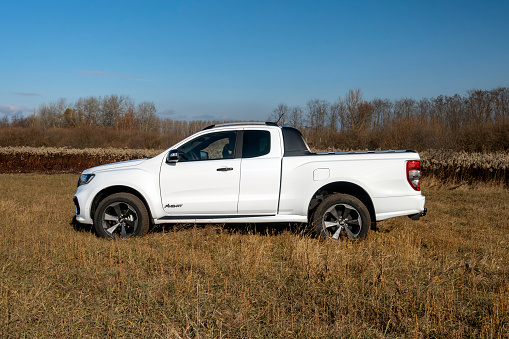 Budapest, Hungary - 18th November, 2021: Ford Ranger MS-RT on a grass. The Ranger is the most popular pickup vehicle in Europe.