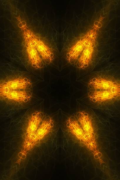 An abstract bright fireworks background with symmetrical shapes against a black background
