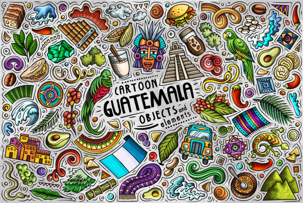 Set of Guatemala traditional symbols and objects Cartoon vector doodle set of Guatemala traditional symbols, items and objects puerto quetzal guatemala stock illustrations