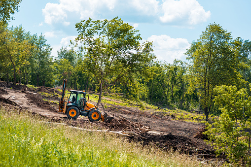 tractor works on landscaping, tree branches and debris. building a park by the river