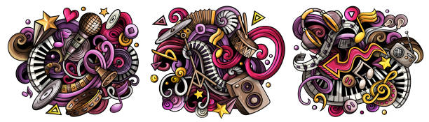 illustrations, cliparts, dessins animés et icônes de ensemble de conceptions de doodle de vecteur de dessin animé de musique - drum dance music arts and entertainment