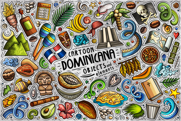 Set of Dominican Republic traditional symbols and objects vector art illustration