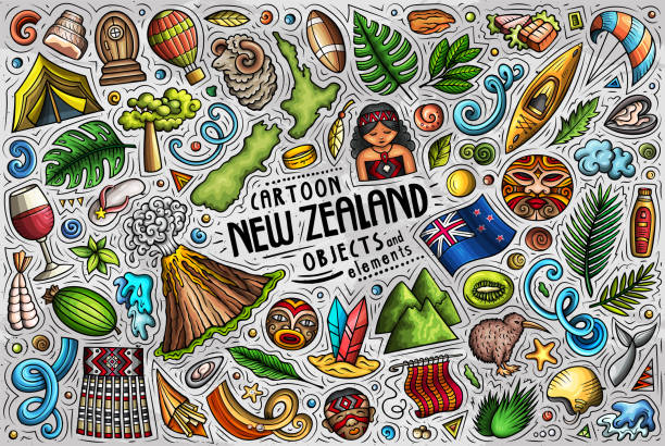 Set of New Zealand traditional symbols and objects Cartoon vector doodle set of New Zealand traditional symbols, items and objects kiwi bird stock illustrations