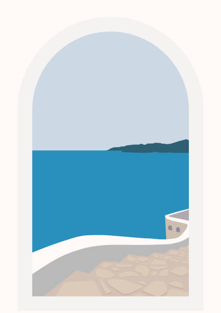 Greek town view flat color vector illustration. Summer holiday in Greece. Greek coastal town flat color vector illustration. Summer holiday in Greece. Mediterranean vacation. Traditional white buildings. Santorini panoramic cartoon with seascape on background santorini stock illustrations