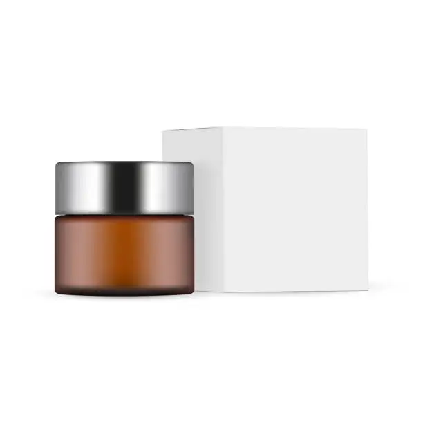 Vector illustration of Amber Cosmetic Jar with Metal Cap and Packaging Box Side View