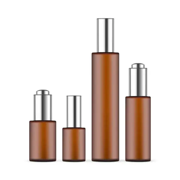 Vector illustration of Set of Amber Cosmetic Bottles for Serum and Moisturizer Water