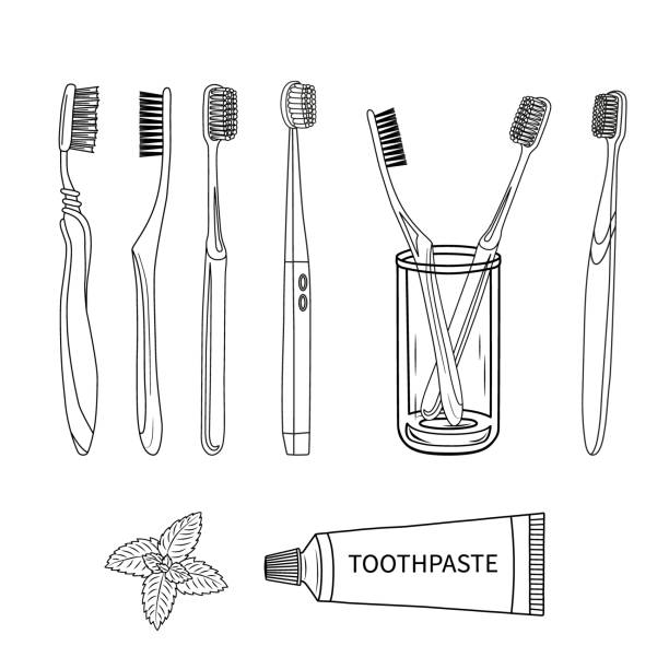 ilustrações de stock, clip art, desenhos animados e ícones de stock vector toothbrush set and toothpaste outline black and white illustration on white background - toothbrush