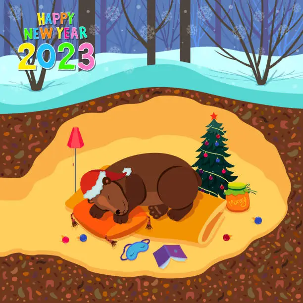 Vector illustration of Happy New Year 2023. A bear with a red New Year's cap sleeps in a lair