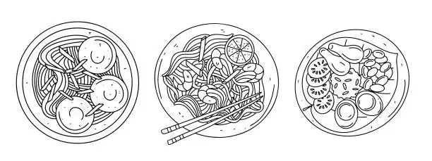 Vector illustration of Set of rice noodles with shrimps and vegetables in hand drawn doodle style. Top view.