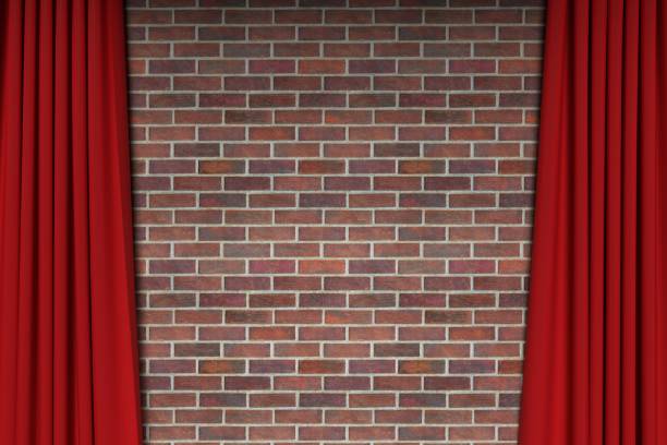열린 빨간 벨벳 극장 커튼 3d 렌더링 붉은 벽돌 벽의 배경 - architectural background video stock illustrations