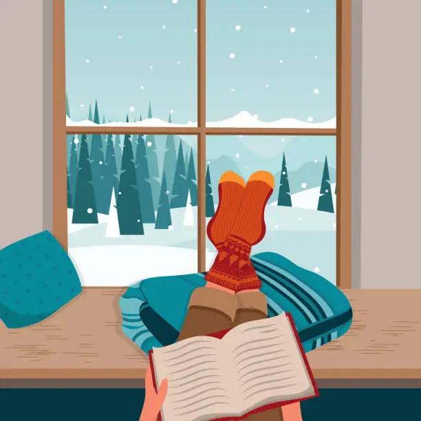 Vector illustration of Feet in knitted socks are lying on the table in front of the window. Mug of coffee and book. Outside the window is an winter landscape. Cozy winter. Concept for vacation. Flat Vector illustration