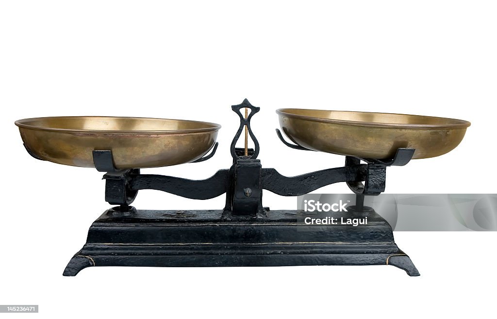 Ancient gold balance scale isolated on white Ancient two pan balance, isolated on white Weight Scale Stock Photo