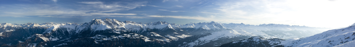 Panorama picture of the mountains of Laax. Capture from the SnowPark there.