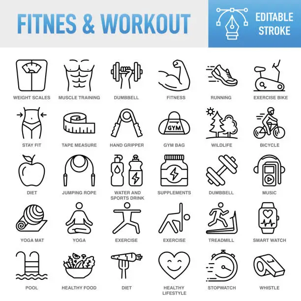 Vector illustration of Fitness & Workout - Thin line vector icon set. Pixel perfect. Editable stroke. For Mobile and Web. The set contains icons: Healthy Lifestyle, Exercising, Sport, Healthy Eating, Gym, Wellbeing, Dieting, Healthcare And Medicine, Weight Scale, Lifestyles, Ru