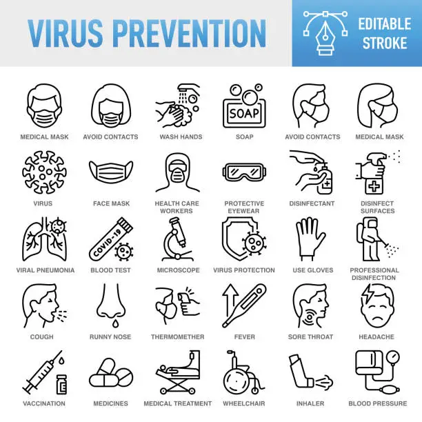 Vector illustration of Virus Prevention - Thin line vector icon set. Pixel perfect. Editable stroke. For Mobile and Web. The set contains icons: Coronavirus, COVID-19, Protective Face Mask, Healthcare And Medicine, Symptom, Illness, Pandemic - Illness, Medical Exam, Virus