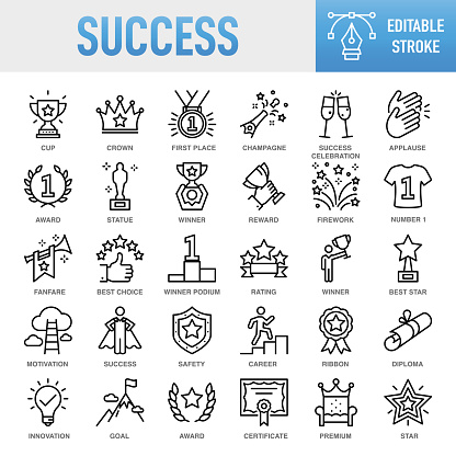 Success, Awards and Tropy Line Icons. Set of vector creativity icons. 64x64 Pixel Perfect. Editable stroke. For Mobile and Web. The layers are named to facilitate your customization. Vector Illustration (EPS10, well layered and grouped), easy to edit, manipulate, resize or colorize. Vector and Jpeg file of different sizes. The set contains icons: Idea generation preparation inspiration influence originality, concentration challenge launch. Contains such icons as Award, Trophy - Award, Success, Winning, Quality, Symbol, Diploma, Medal, Certificate, Achievement, Incentive