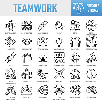 Teamwork Line Icons. Set of vector creativity icons. 64x64 Pixel Perfect. Editable stroke. For Mobile and Web. The layers are named to facilitate your customization. Vector Illustration (EPS10, well layered and grouped), easy to edit, manipulate, resize or colorize. Vector and Jpeg file of different sizes. The set contains icons: Idea generation preparation inspiration influence originality, concentration challenge launch. Contains such icons as Teamwork, Community, People, Business, Cooperation, Partnership - Teamwork, Organization, Leadership, Human Resources, Recruitment
