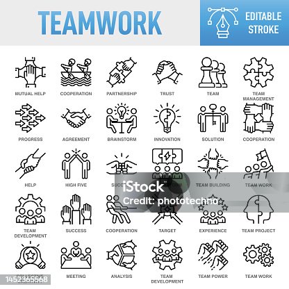 istock Teamwork - Thin line vector icon set. Pixel perfect. Editable stroke. For Mobile and Web. The set contains icons: Teamwork, Community, People, Business, Cooperation, Partnership - Teamwork, Organization, Leadership, Human Resources, Recruitment 1452365568