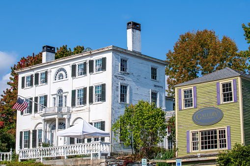 Wiscasset, USA - October 8, 2021. Historic houses in Wiscasset, Maine, USA