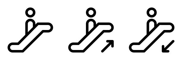 illustrazioni stock, clip art, cartoni animati e icone di tendenza di set di icone di contorno delle scale mobili. grafica vettoriale - moving walkway escalator airport walking