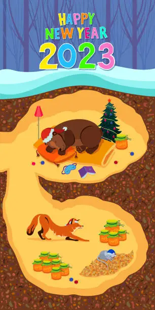 Vector illustration of A bear, a fox and a mouse in a lair decorated for the holiday. Happy New Year 2023