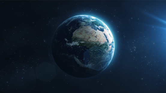 3d Render The planet Earth is accompanied by lens flare appearing from space (close-up)