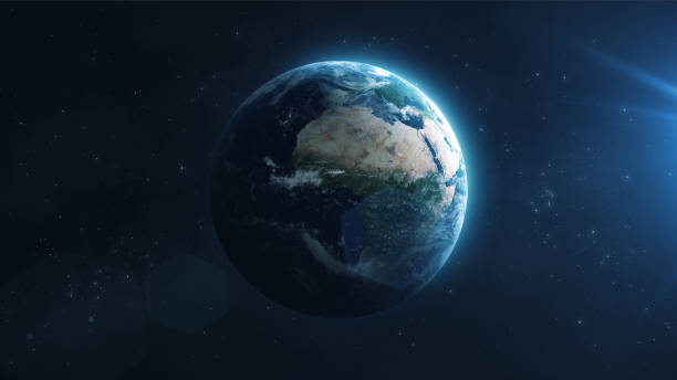 Planet Earth, Appearing from space 3d Render The planet Earth is accompanied by lens flare appearing from space (close-up) satellite view stock pictures, royalty-free photos & images