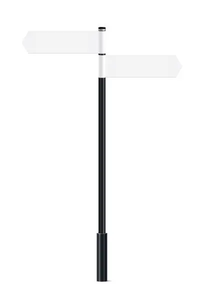 Vector illustration of Bollard with empty signs, billboards pointing direction forward, 3d black pillar