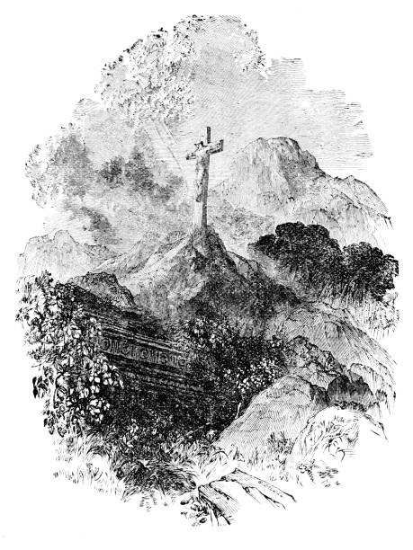 Jesus Christ Crucified on Calvary Crucifixion of Jesus Christ on Golgotha Hill outside of Jerusalem in Israel, 30-33 AD. Woodcut Illustration published 1856. Copyright expired; artwork is in Public Domain. Digitally restored. what mountain was jesus crucified on stock illustrations