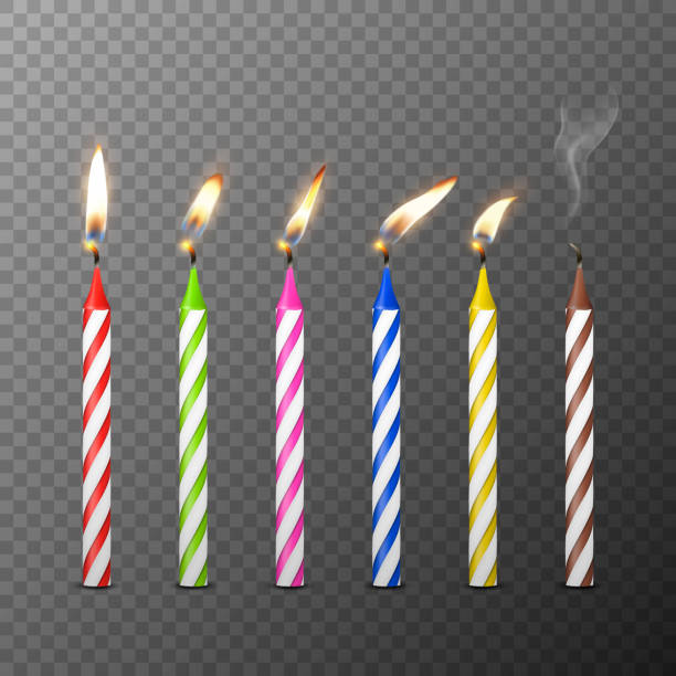 istock Vector 3d Realistic Paraffin or Wax Burning Birthday Party Candle and Different Flame of a Candle Icon Set Isolated. Design Template, Clipart, Birthday Concept 1452370233