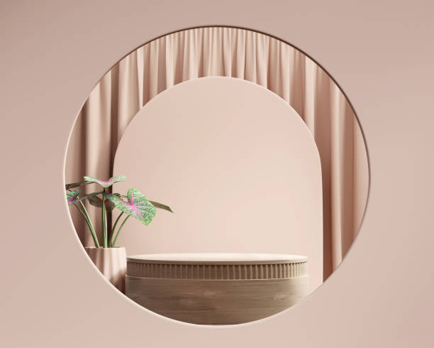 istock 3D rendering platform podium with plant and curtain product presentation background 1452370279